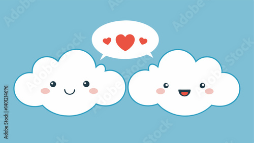 Chatting Clouds Two fluffy clouds with smiling faces exchanging speech bubbles filled with hearts and encouraging words representing uplifting communication.