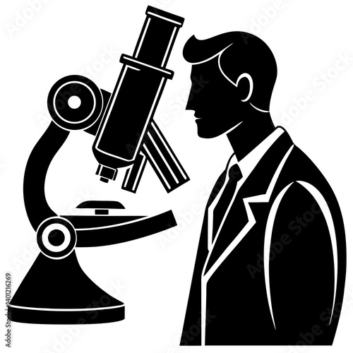 A silhouette of a chemist observing a chemical compound under a microscope