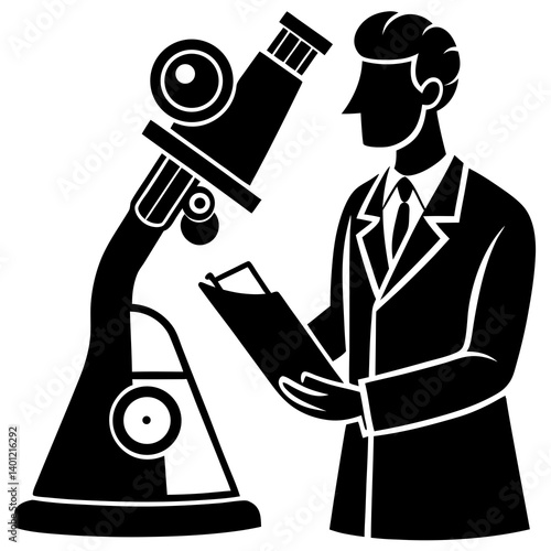 A silhouette of a chemist observing a chemical compound under a microscope