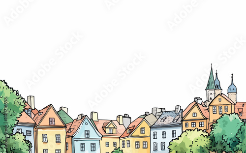 Background of hand drawn old town landscape
