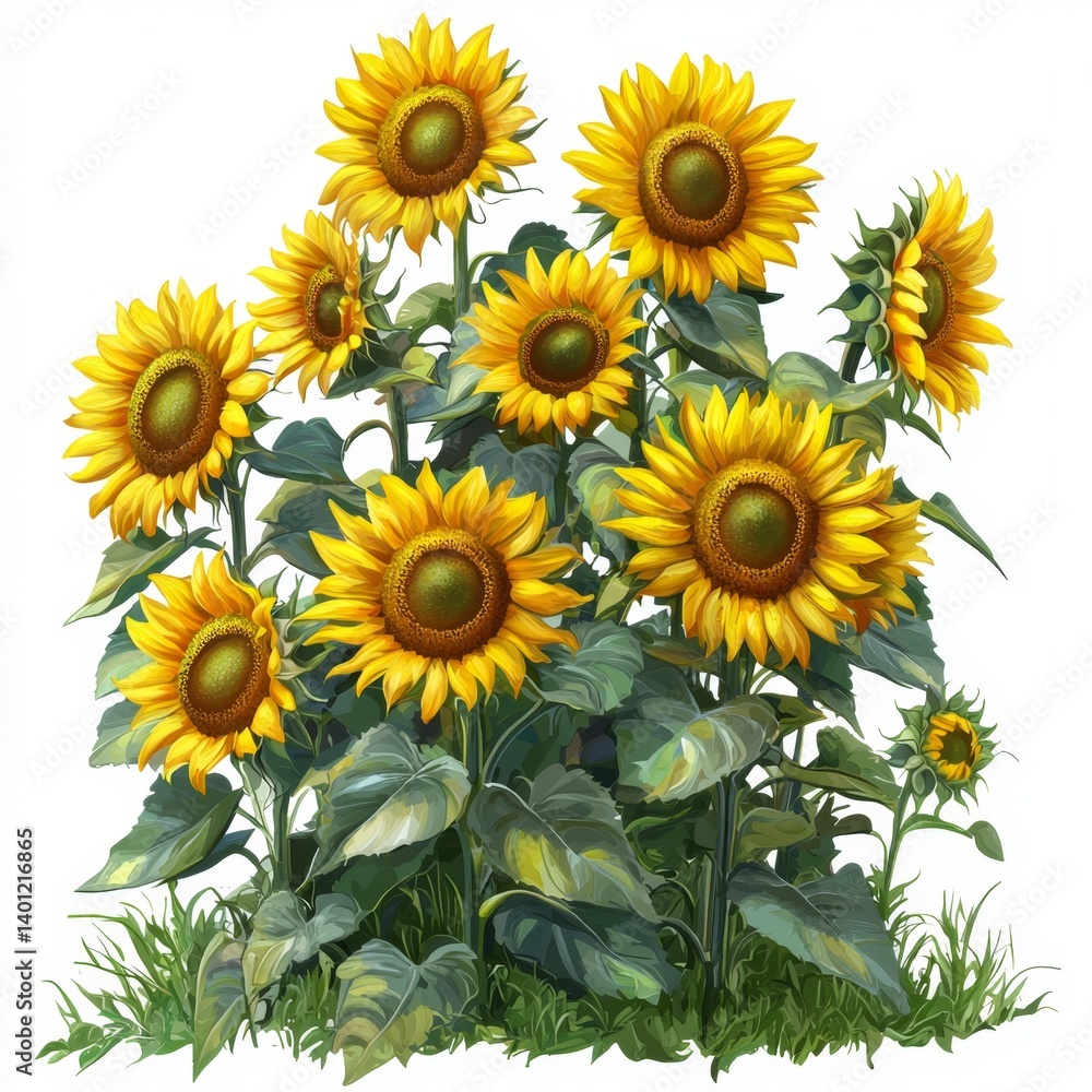 Fototapeta premium Vibrant Sunflower Cluster with Lush Green Leaves and Bright Yellow Petals in a Natural Setting