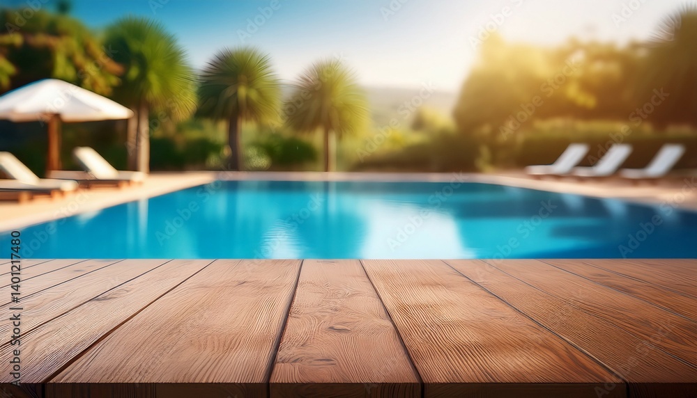 Fototapeta premium empty wooden table in front with blurred background of swimming pool at beach space for montage products