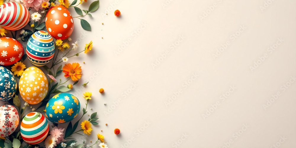 Family-friendly Easter concept with patterned eggs and empty text area Family-friendly Easter concept with patterned eggs and empty text area