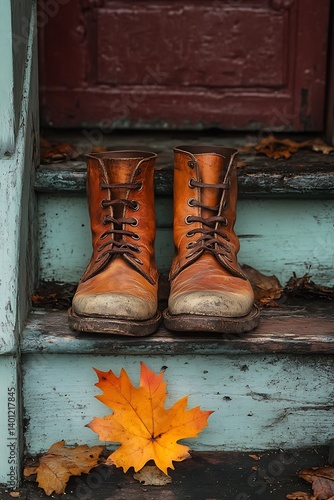 A pair of old, worn leather boots sitting side-by-side on a dusty porch step, a fallen autumn leaf nearby, warm afternoon light, slightly high angle.