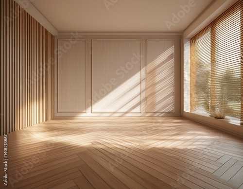 empty room with herringbone wood flooring wooden shutters and sunlight casting soft patterns on neutral walls 3d rendering