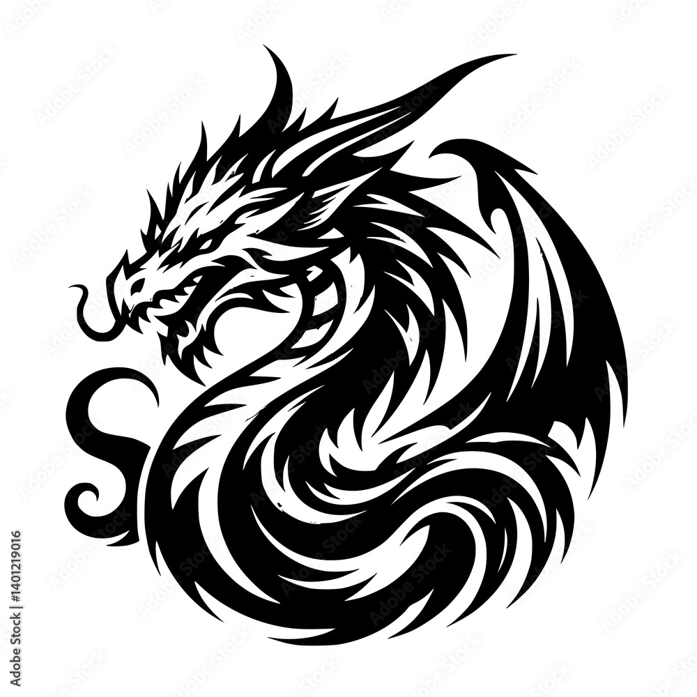 Obraz premium tattoo, vector, dragon, animal, illustration, tribal, symbol, black, silhouette, art, head, design, cartoon, bird, sign, nature, wild, monster, logo, tiger, lion, wolf, teeth, mascot, wildlife