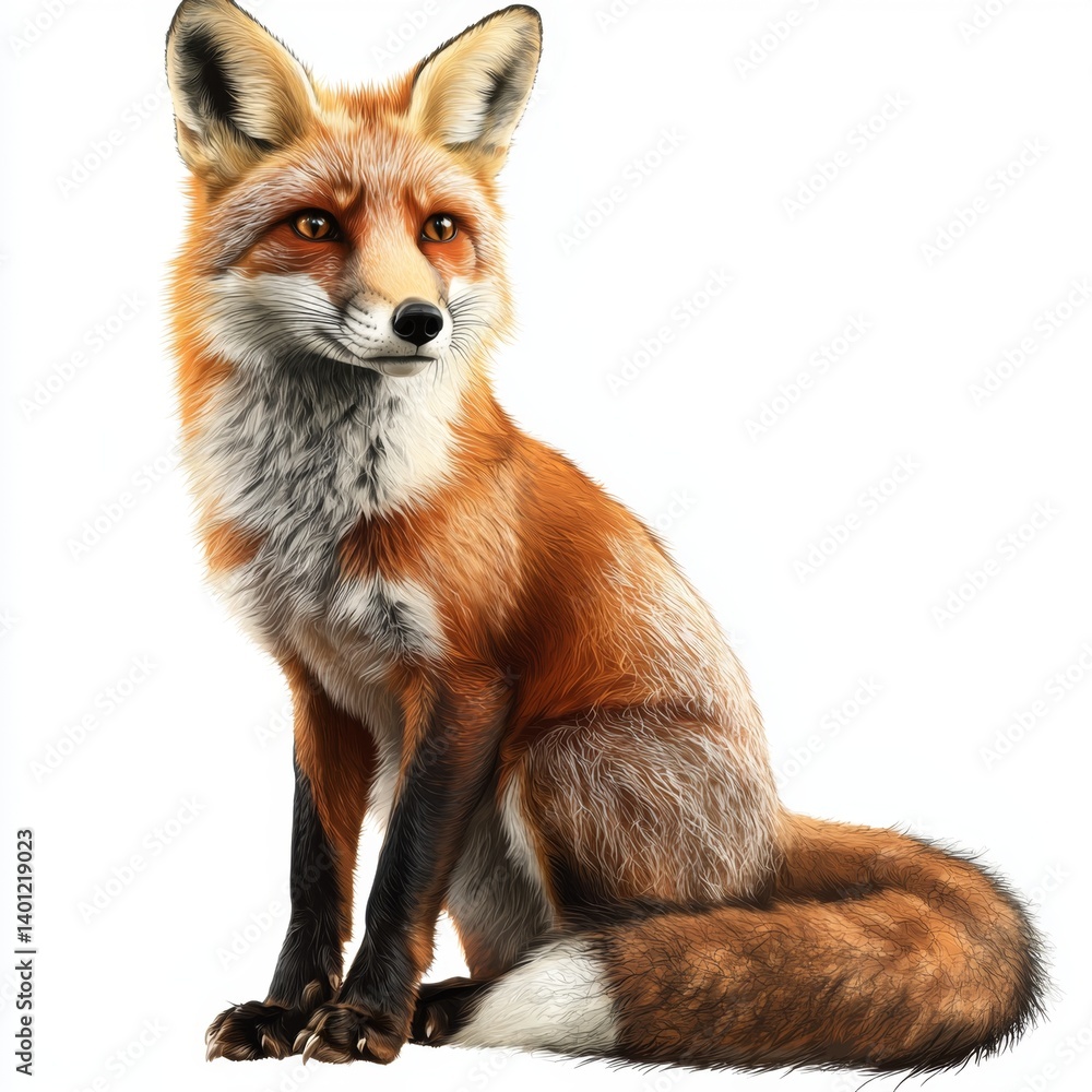 Realistic depiction of a sitting red fox with vibrant fur and expressive eyes in a naturalistic pose against a plain background Realistic depiction of a sitting red fox with vibrant fur and expressive eyes in a naturalistic pose against a plain background