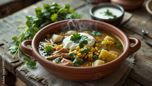 Ajiaco soup in a bowl, traditional food of Colombia