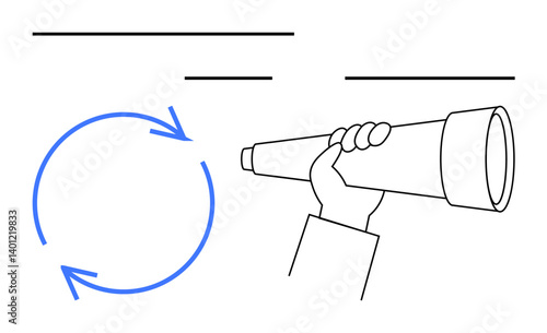 Hand gripping telescope next to circular arrow denoting vision, exploration, and iterative growth. Ideal for strategy, foresight, planning, innovation, progress, change management flat simple