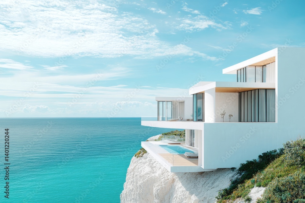 Fototapeta premium Modern cliffside house with infinity pool overlooking a turquoise ocean under a bright sky.