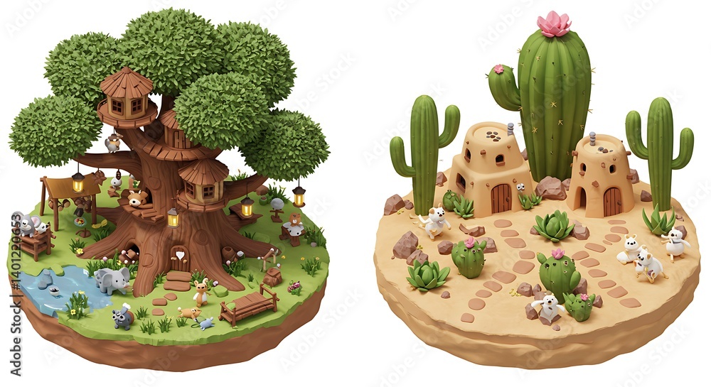 Fototapeta premium Miniature Treehouse & Desert Village Dioramas: Whimsical Clay Landscapes