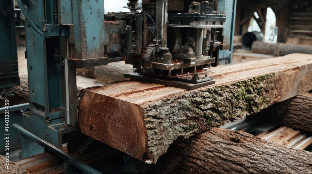 Automated machinery precisely cuts lumber to specified dimensions - Automated lumber saw machinery Automated machinery precisely cuts lumber to specified dimensions - Automated lumber saw machinery