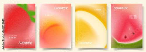 Set of summer gradient cards. Abstract vector posters with colourful gradients and blurred summer fruit. Collection of grainy brochure for summer flyer, celebration, ads, branding, cover, sale.