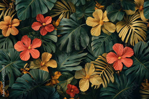 Wallpaper Mural Vibrant tropical leaves and flowers wallpaper in bold green and pink colors, creating a lush and exotic botanical aesthetic. Torontodigital.ca