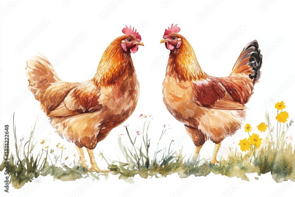 Fototapeta premium Watercolor Hens in Meadow - Two hens, detailed watercolor painting, peaceful scene, farm animals, springtime setting. Symbolizes: rural life, nature, tranquility, fresh food, springtime