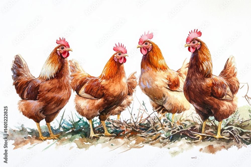 Fototapeta premium Watercolor High Detail Picture of Four Hens - Four hens, a symbol of rural life, motherhood, nature, farm life, and agriculture, are depicted in a high-detail watercolor painting