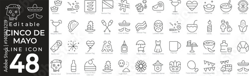 Mexican celebration and festival vector icon set in line style. Includes elements for traditional food, drinks, music, and cultural icons. Editable stroke.