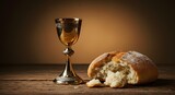 Bread and wine symbolizing the last supper and the body and blood of christ in holy communion