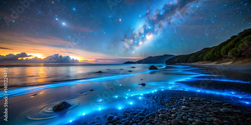A dreamlike bioluminescent beach glowing under a starry sky