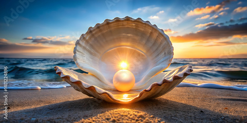 A giant seashell opening to reveal a glowing pearl