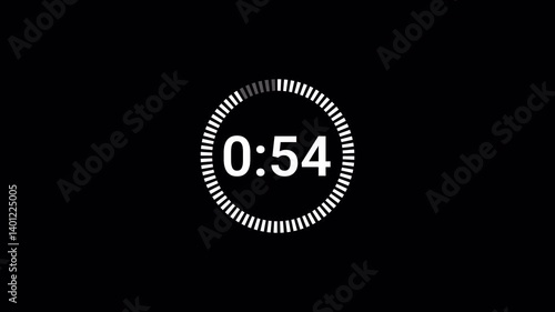 One minute countdown timer animation from 60 to 0 on a transparent background, 60 seconds countdown timer with alpha channel.