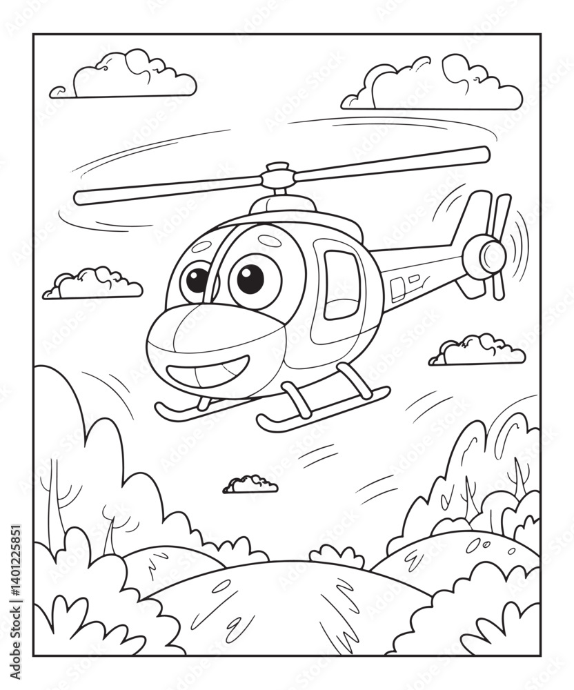 Obraz premium Helicopter coloring page for kids, black line art vector illustration on white background