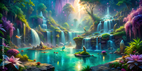A mystical mermaid lagoon with sparkling waterfalls