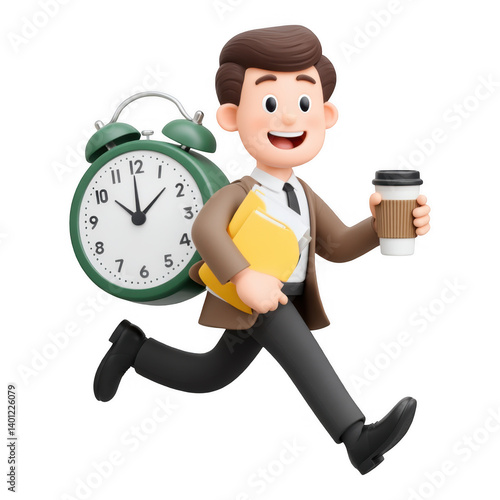 3D Cartoon Illustration of a Time Management Concept Determined Employee in Office Race, Isolated on Transparent Background