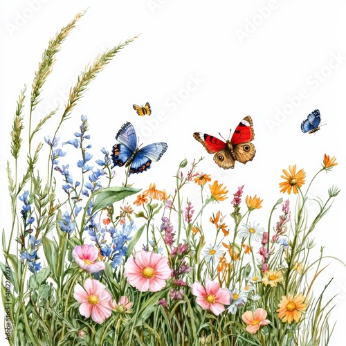 Colorful Butterflies and Wildflowers in a Lush Natural Scene with Vibrant Summer Blooms and Insects on a White Background