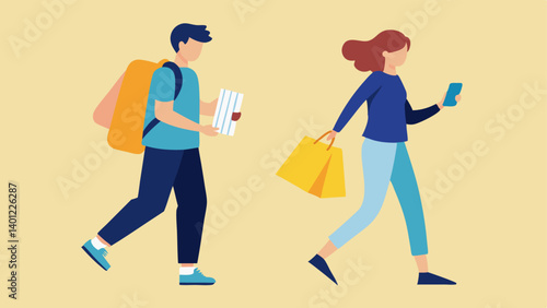 Shopping Apps Two students walking down the street one looking at their phone to check online deals while the other carries a few shopping bags.