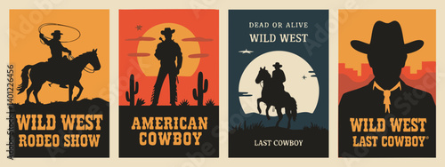 Epic Wild West Cowboy Posters – Rodeo, Lone Riders, Moonlit Cliffs & Gunslingers in Bold Silhouette Western Style