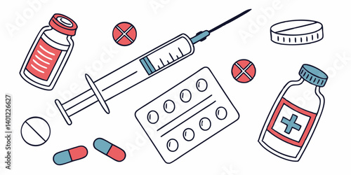 Comprehensive Medical Healthcare Set – Flat Vector Illustration of Syringe, Ampoule, Plaster, Pills, Capsules & Bottles in Cartoon Style