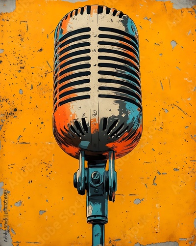 A playful pop art poster of a retro microphone with comic book halftones, bold color blocks, and explosive starbursts, set on a bright solid yellow background, crisp clean lines, studio lighting.