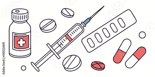 Comprehensive Medical Healthcare Set – Flat Vector Illustration of Syringe, Ampoule, Plaster, Pills, Capsules & Bottles in Cartoon Style