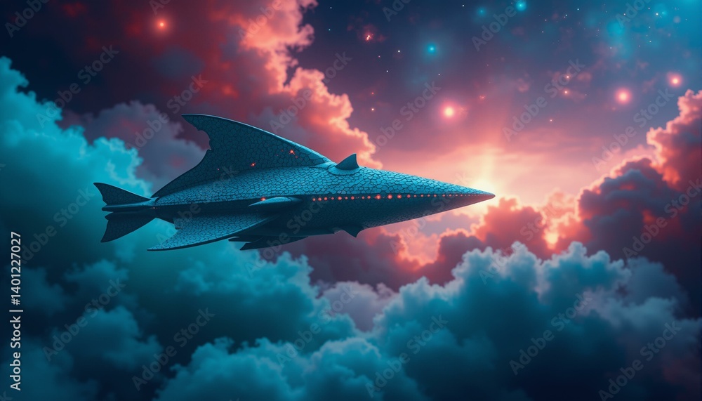 Naklejka premium Alien spacecraft with iridescent scales glide through colorful nebulae, displaying ancient symbols in a cosmic setting.