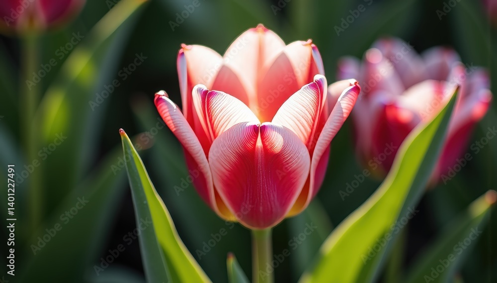 Close-up of red and white tulip in garden sunlight Close-up of red and white tulip in garden sunlight