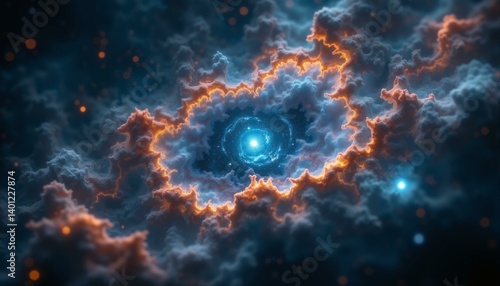 Swirling nebulae, cosmic dust, fractal patterns, glowing stars, indigo background, celestial beauty.