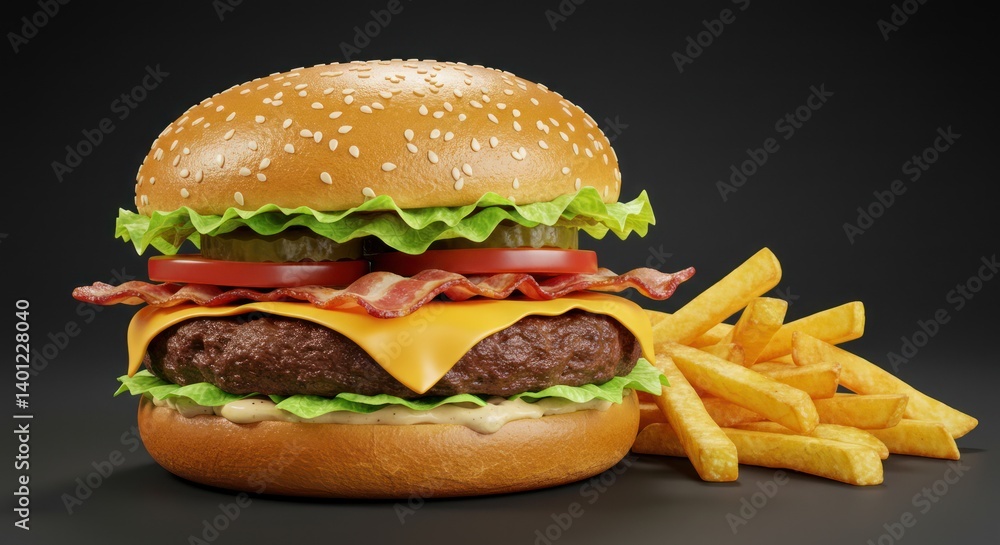 Hamburger with cheese bacon lettuce tomato and fries on a dark surface.