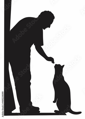silhouette of man feeding a cat