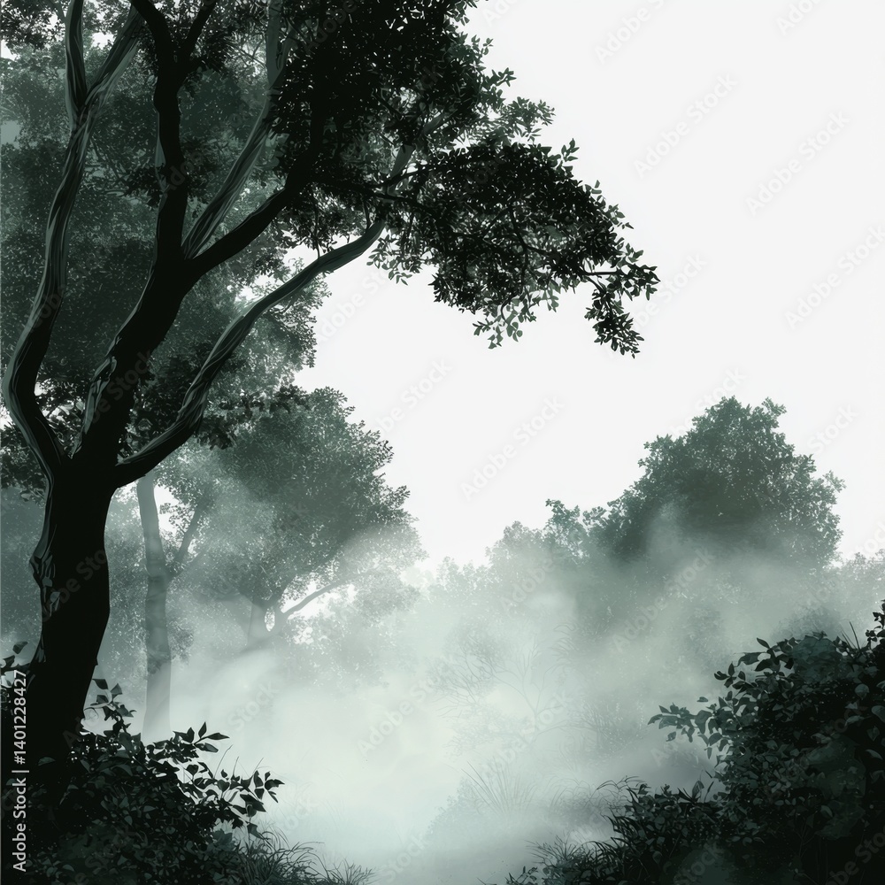 Fototapeta premium Ethereal Forest Landscape with Mist and Trees under Soft Light in a Tranquil Natural Setting