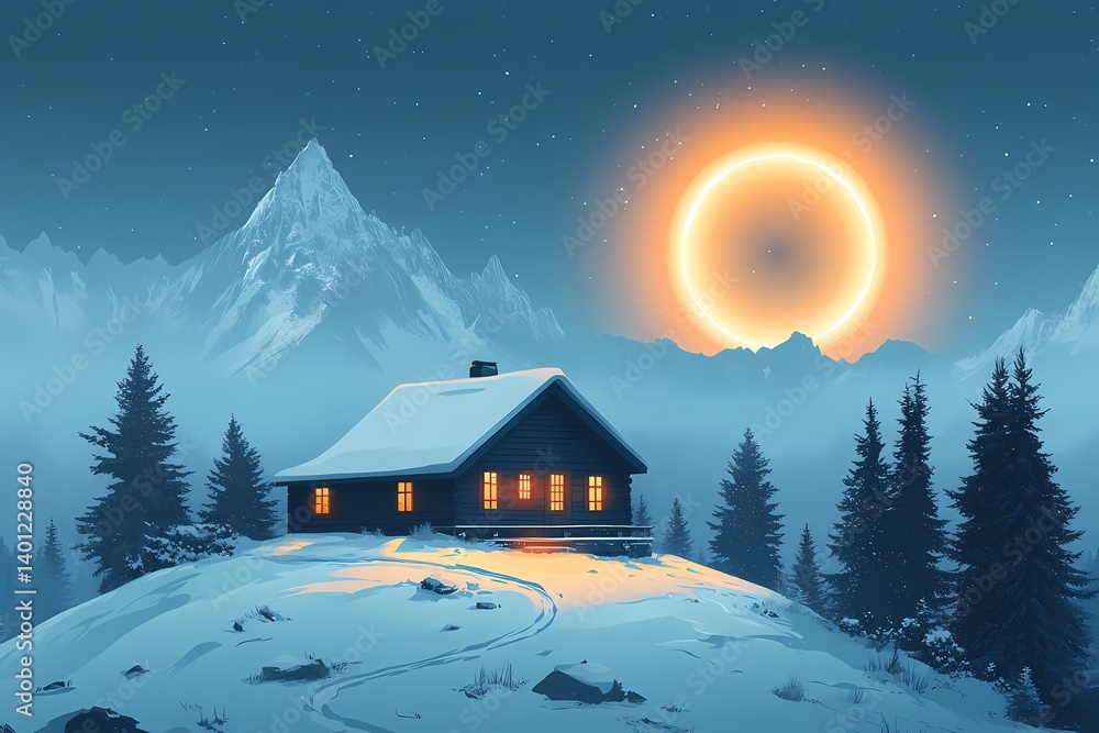 Charming Winter Nightscape: Cozy Wooden Cabin Under a Starry Sky with Crescent Moon Silhouette and Snow-Capped Mountains for a Serene Winter Vacation Charming Winter Nightscape: Cozy Wooden Cabin Under a Starry Sky with Crescent Moon Silhouette and Snow-Capped Mountains for a Serene Winter Vacation