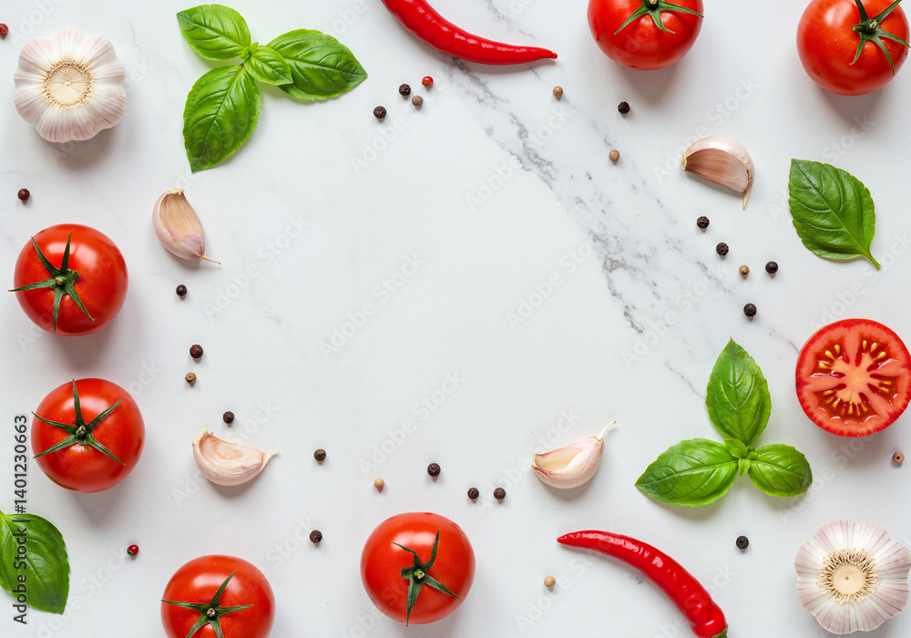 Fresh vegetables and herbs arranged on a marble background Fresh vegetables and herbs arranged on a marble background