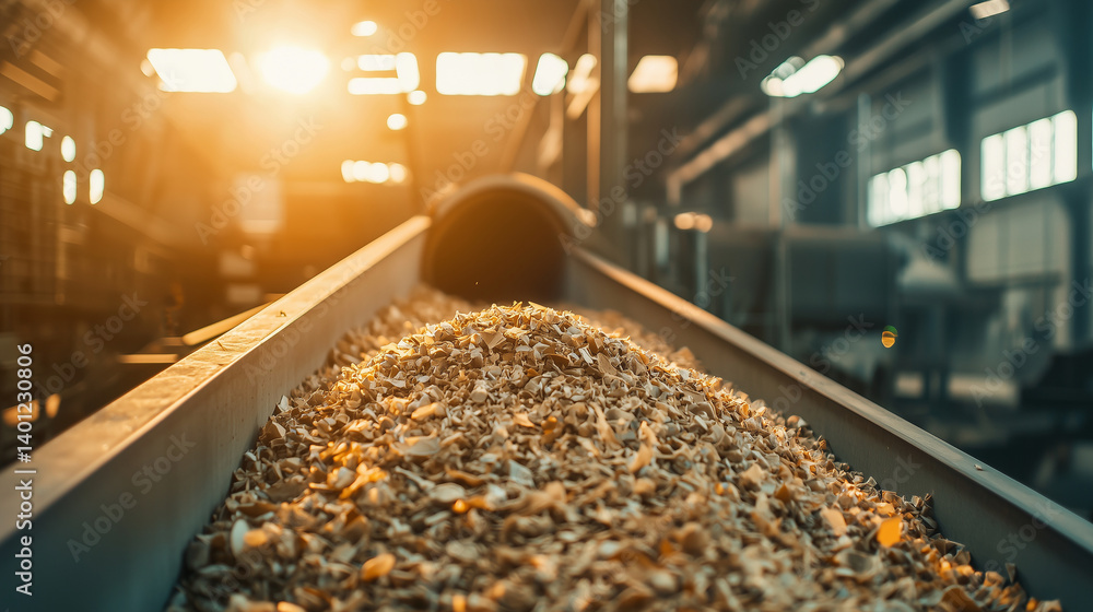 Modern plant conveyor, close-up of waste stream under bright lighting