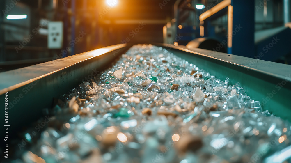 Modern plant conveyor, close-up of waste stream under bright lighting