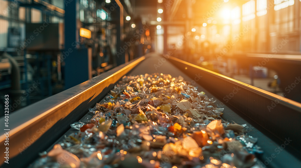 Modern plant conveyor, close-up of waste stream under bright lighting