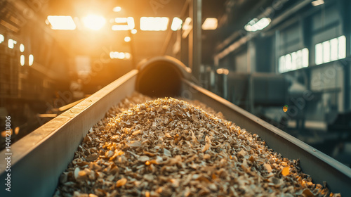Modern plant conveyor, close-up of waste stream under bright lighting