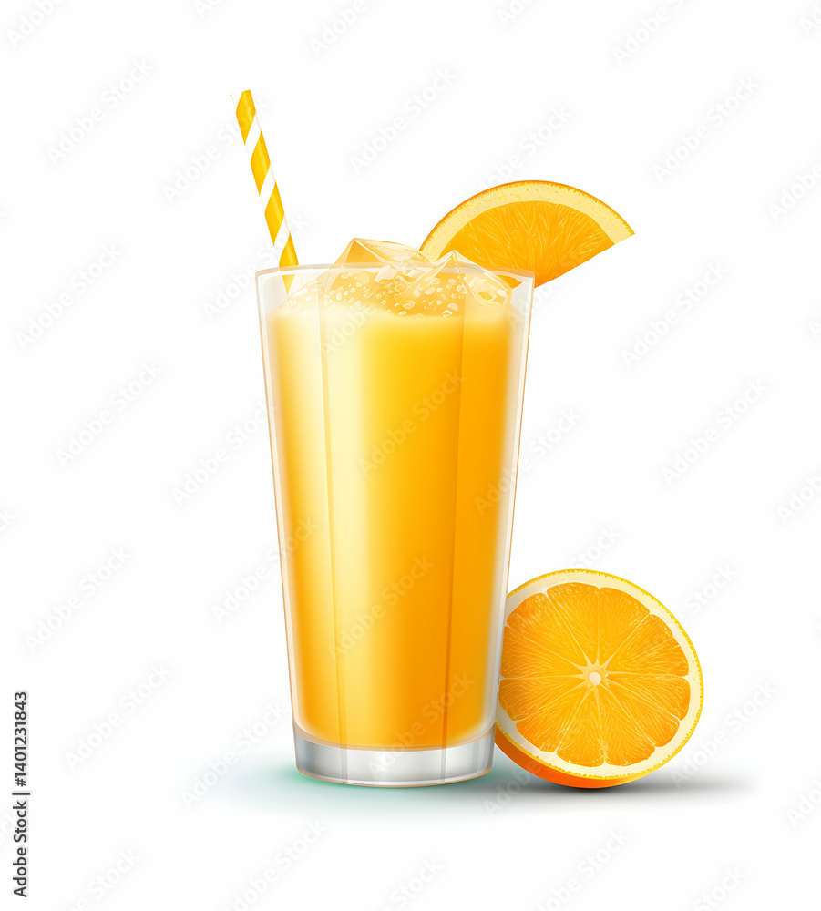 A glass of orange juice with a straw and half an orange, isolated on a white background, in jpg format. A glass of orange juice with a straw and half an orange, isolated on a white background, in jpg format.
