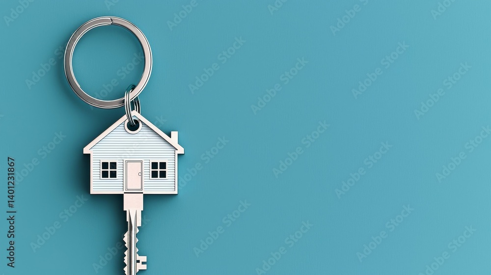 House-Shaped Keychain Attached to a Key in a Door Keyhole House-Shaped Keychain Attached to a Key in a Door Keyhole
