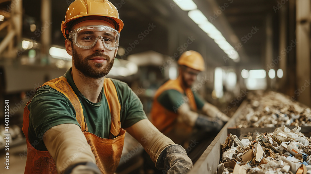 Industrial recycling center, separate garbage on conveyor, staff sorting