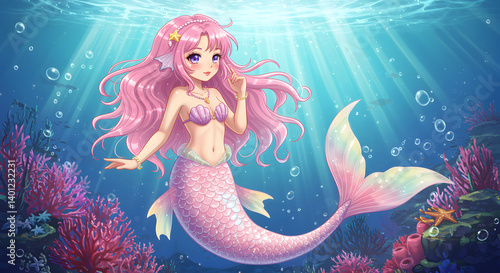 Pink Mermaid in Underwater Paradise